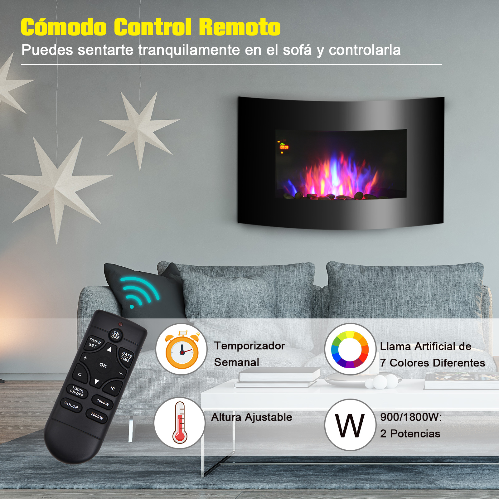 Chimenea Eléctrica de Pared Estufa Eléctrica Calentador 900/1800W Mando